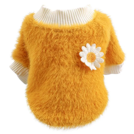 Dog Plush Round Neck Flower Sweater - Pet Wonderland Cloud