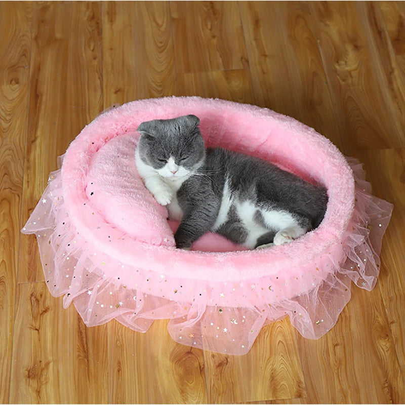 Soft Lace Princess Cat Round Bed - Pet Wonderland Cloud